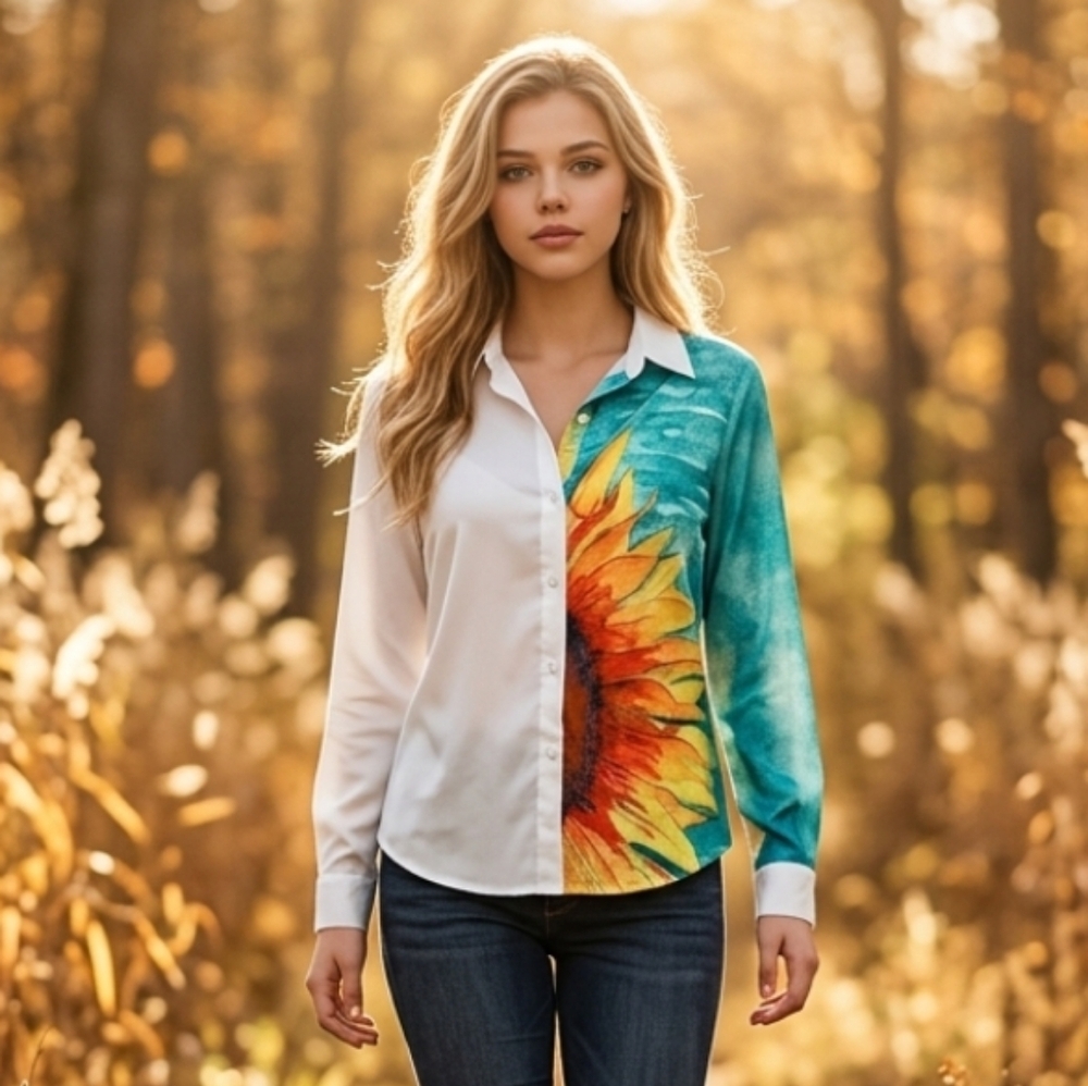 Emery Rose Women's Sunflower Print Spliced Button-Up Shirt Multi-Color S…